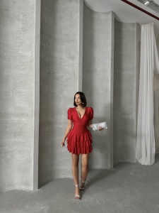Rochie eleganta scurta din lycra cu volane si strasuri - Img 4