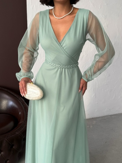 Rochie lunga din tull cu accesoriu in talie - Img 6