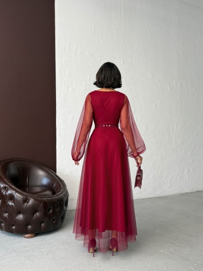 Rochie lunga din tull cu accesoriu in talie - Img 3