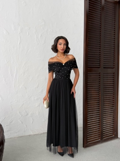 Rochie lunga din tull cu detalii perle - Img 7