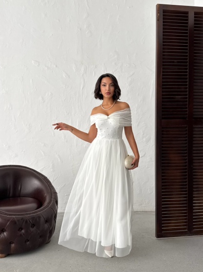 Rochie lunga din tull cu detalii perle - Img 8