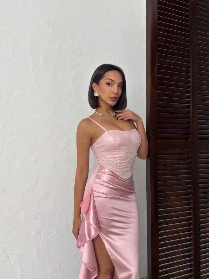 Rochie lunga eleganta din satin cu bust brodat si paiete - Img 7