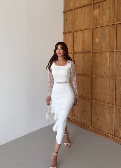 Rochie midi eleganta cu dantelă și detalii volan - Img 2