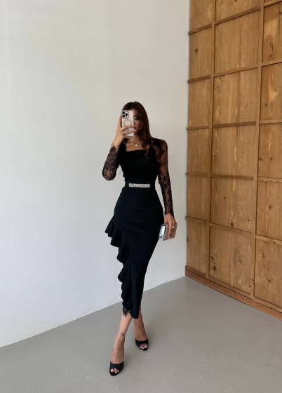 Rochie midi eleganta cu dantelă și detalii volan - Img 4