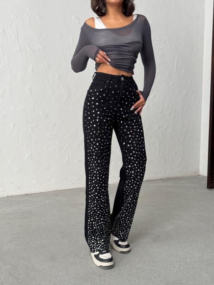 Blugi evazati accesorizati cu pietre decorative - Img 5