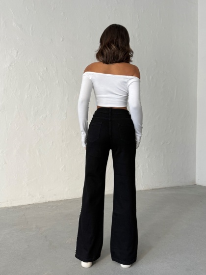 Blugi evazati elastici accesorizati cu perlute - Img 5