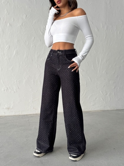 Blugi evazati elastici accesorizati cu strasuri - Img 3