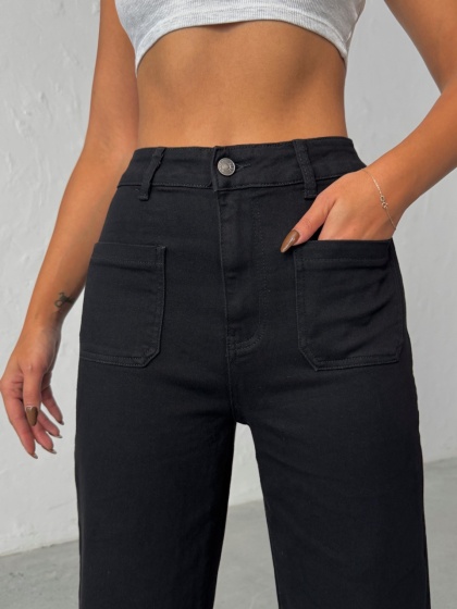 Blugi evazati elastici cu buzunare in fata - Img 7