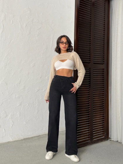 Blugi evazati elastici cu talie asimetrica - Img 6