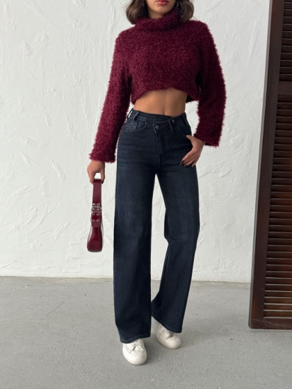 Blugi evazati elastici cu talie asimetric