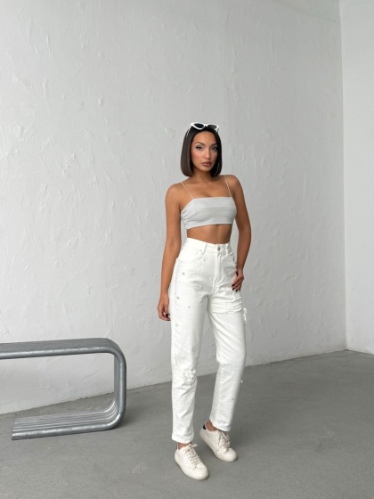 Blugi mom fit cu detalii decorative - Img 5