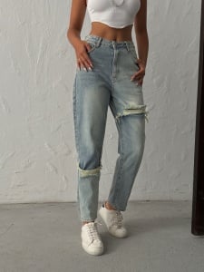 Blugi mom fit cu taietura asimetrica - Img 1