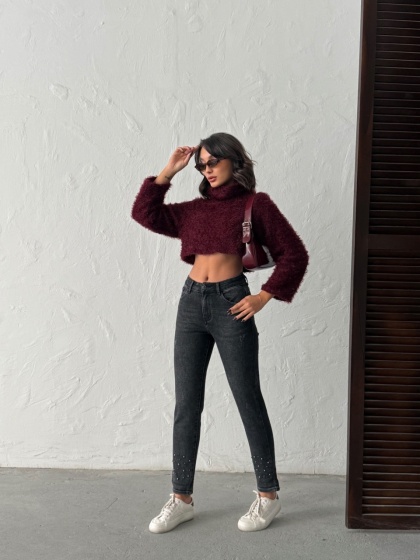 Blugi mom fit elastici accesorizați cu perle aplicate la tiv - Img 4