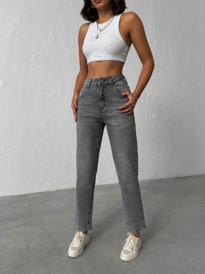 Blugi mom fit elastici cu aplicatii din strasuri - Img 5