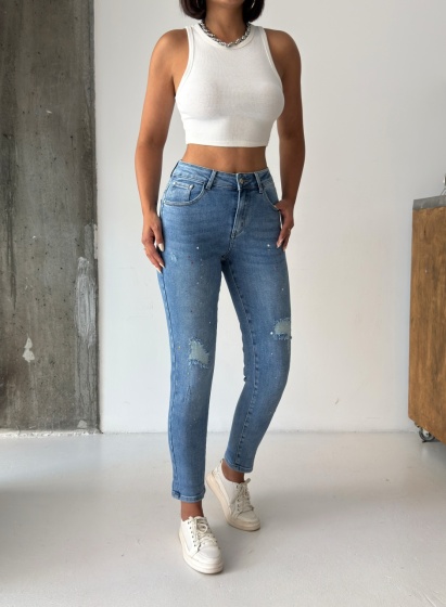 Blugi mom fit elastici cu rupturi și efect de stropi de vopsea - Img 4