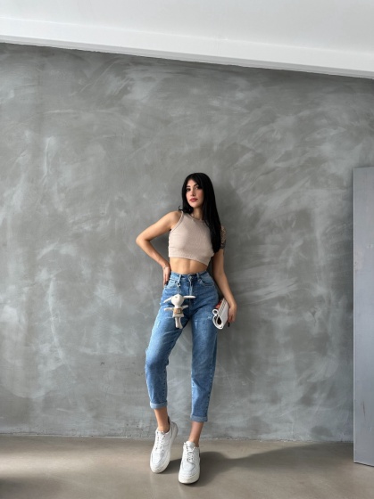 Blugi mom fit elastici cu zgarieturi - Img 6