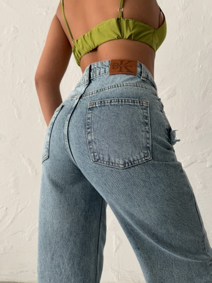 Blugi wide leg cu abraziuni în față, în zona buzunarelor - Img 5