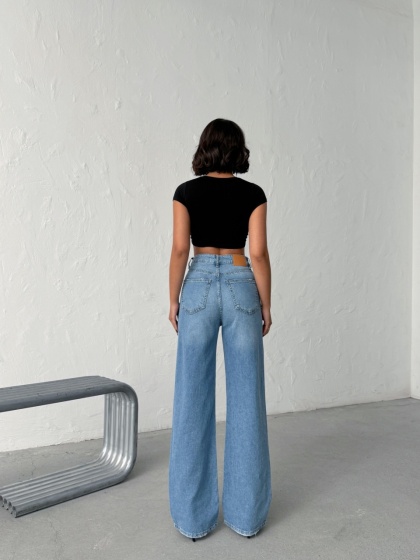 Blugi wide leg cu abraziuni în față, în zona buzunarelor - Img 4