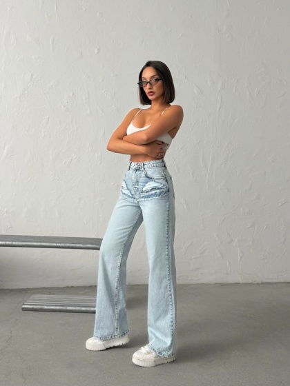 Blugi wide leg cu abraziuni în față, în zona buzunarelor - Img 4