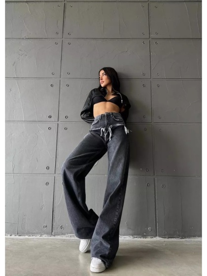 Blugi wide leg cu abraziuni în față, în zona buzunarelor - Img 2