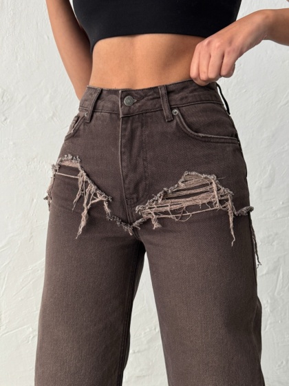 Blugi wide leg cu abraziuni în față - Img 1