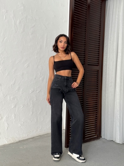 Blugi wide leg cu abraziuni în față - Img 7