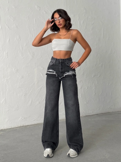 Blugi wide leg cu abraziuni în față - Img 8