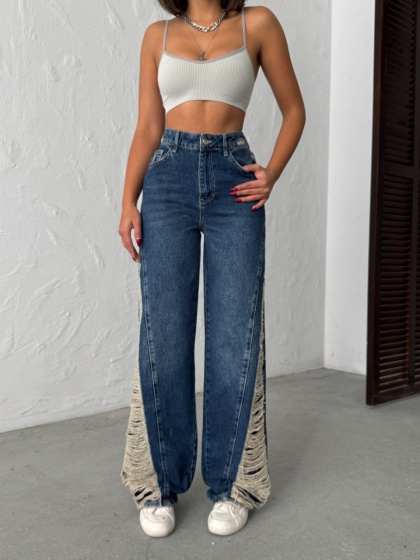 Blugi wide leg cu abraziuni pe lateral - Img 3