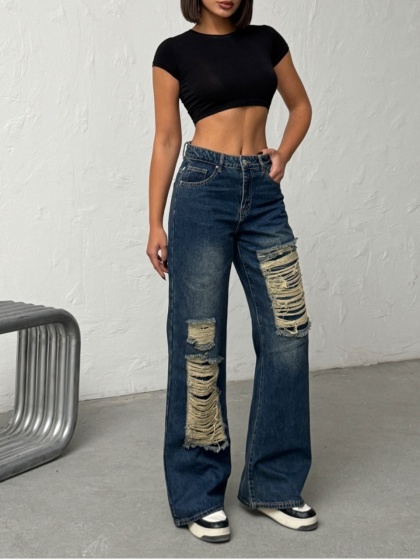 Blugi wide leg cu abraziuni - Img 1