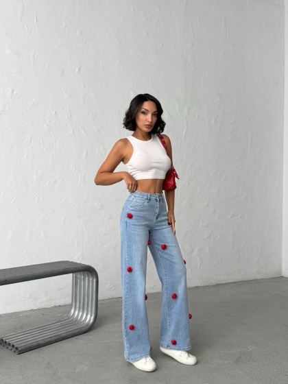 Blugi wide leg cu aplicatii florale rosii - Img 7