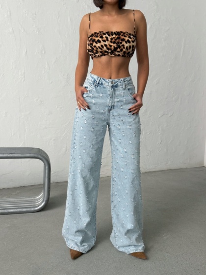 Blugi wide leg cu aspect vintage