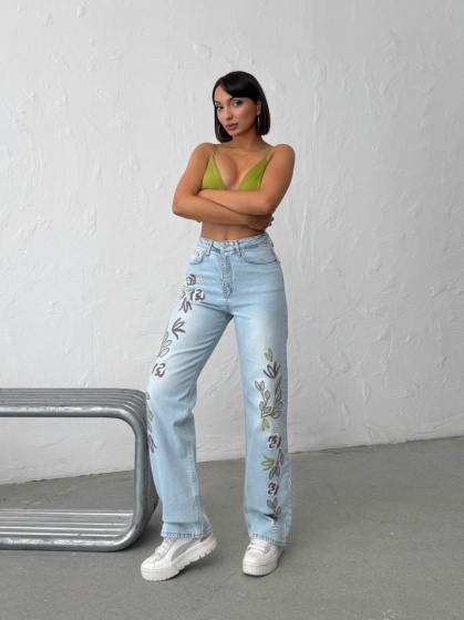 Blugi wide leg cu broderie - Img 4