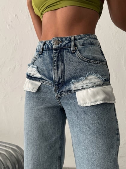 Blugi wide leg cu buzunare pe exterior - Img 3