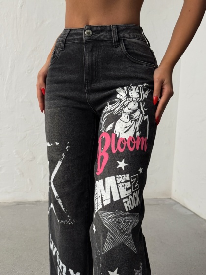 Blugi wide leg cu design animat