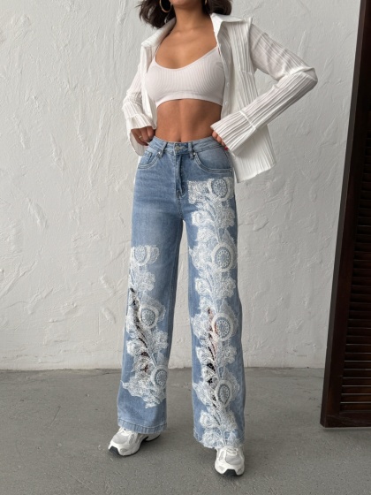 Blugi wide leg cu design din dantela - Img 7