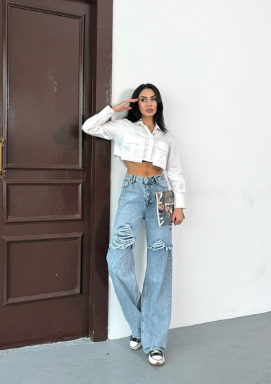 Blugi wide leg cu design rupt - Img 6