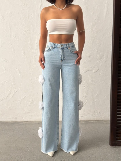 Blugi wide leg cu detalii pampoane - Img 2