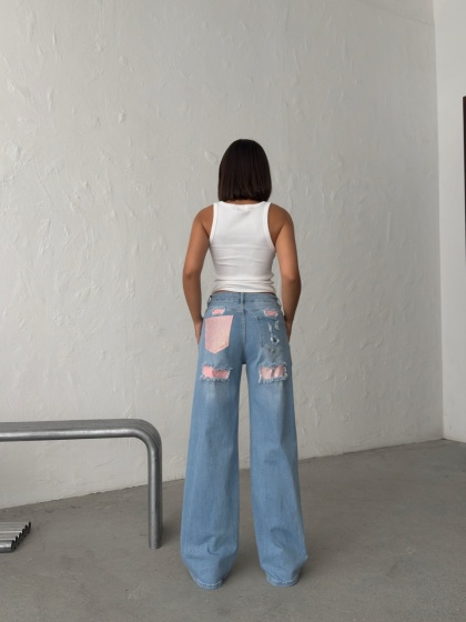 Blugi wide leg cu inserții roz - Img 8