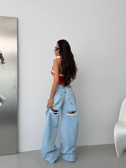 Blugi wide leg cu siret si design rupt - Img 4