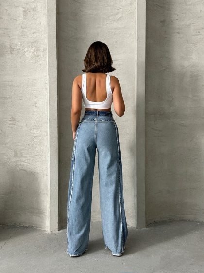 Blugi wide leg cu talie inalta si desing patchwork - Img 3