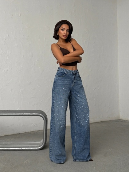 Blugi wide-leg din denim cu detalii strălucitoare - Img 8