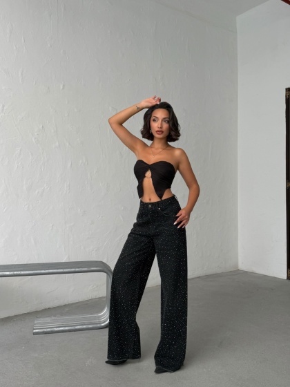 Blugi wide leg din denim cu detalii strălucitoare - Img 7