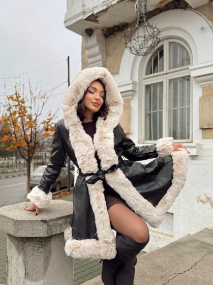 Geaca lunga din imitatie de piele cu blana artificiala