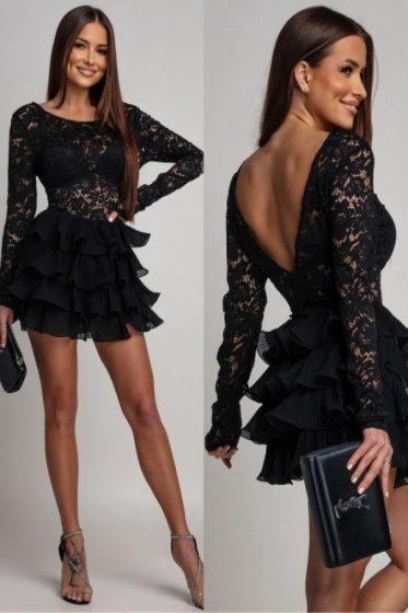 Rochie elegant scurta din dantela cu volane si spate gol - Img 2