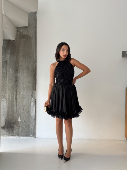 Rochie eleganta din satin creponat accesorizata cu paiete - Img 3