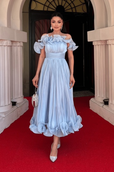 Rochie eleganta din satin creponat cu detaliu volan - Img 3
