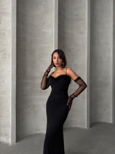 Rochie eleganta lunga accesorizata cu strasuri si puf - Img 6
