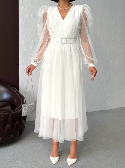 Rochie eleganta lunga cu accesoriu in talie din tull - Img 2