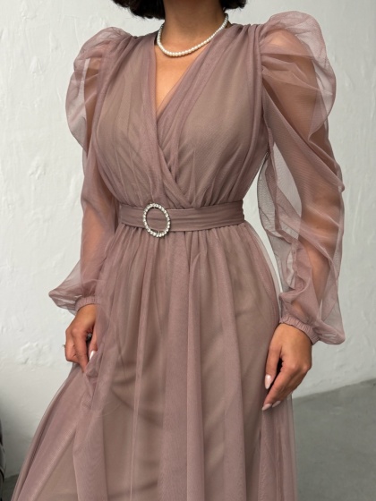Rochie eleganta lunga cu accesoriu in talie din tull - Img 1