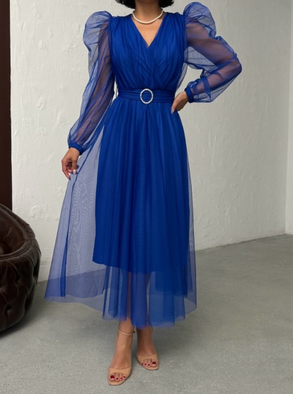 Rochie eleganta lunga cu accesoriu in talie din tull - Img 6